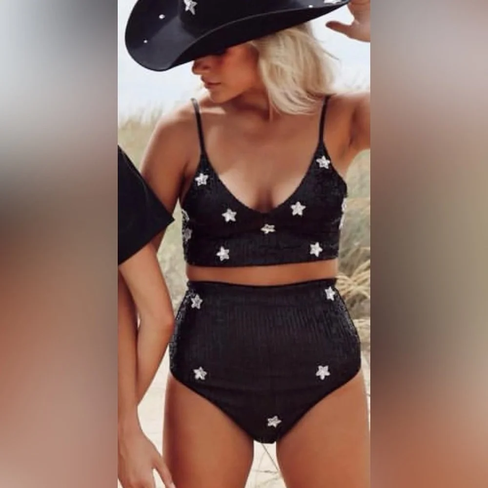 East N West Label Black sequin star crop top & mini skirt set festival | Size M - Picture 5 of 17